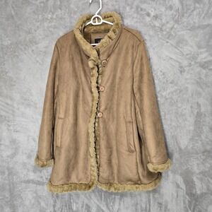 Donny Brook Women Large Penny Lane Suede Coat Jacket Tan Mocha Mousse‎ Faux Fur